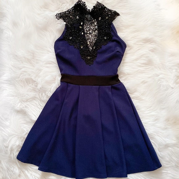 Alt. B Dresses & Skirts - Blue and black high neck skater dress